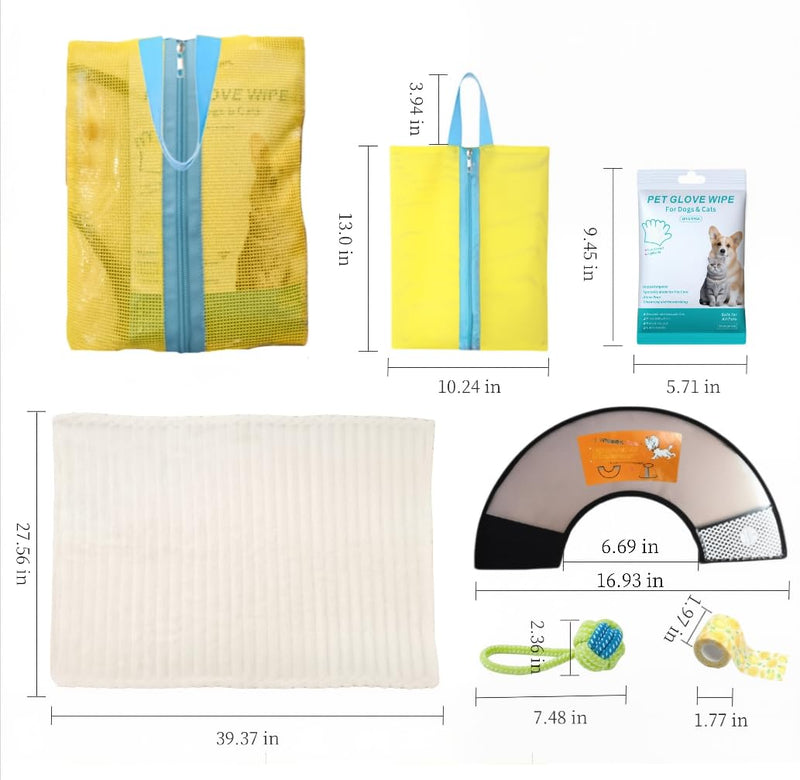 6 Pcs Surgery Recovery Kit for Dogs Cats –Adjustable Dog Cone & Fluffy Dog Blanket(27''x39'') – Get Well Soon – Cleaning Wipes,Calming Toy, Bandages & Mesh Bag – Sympathy Gift for Pet (yellow-S) yellow-S