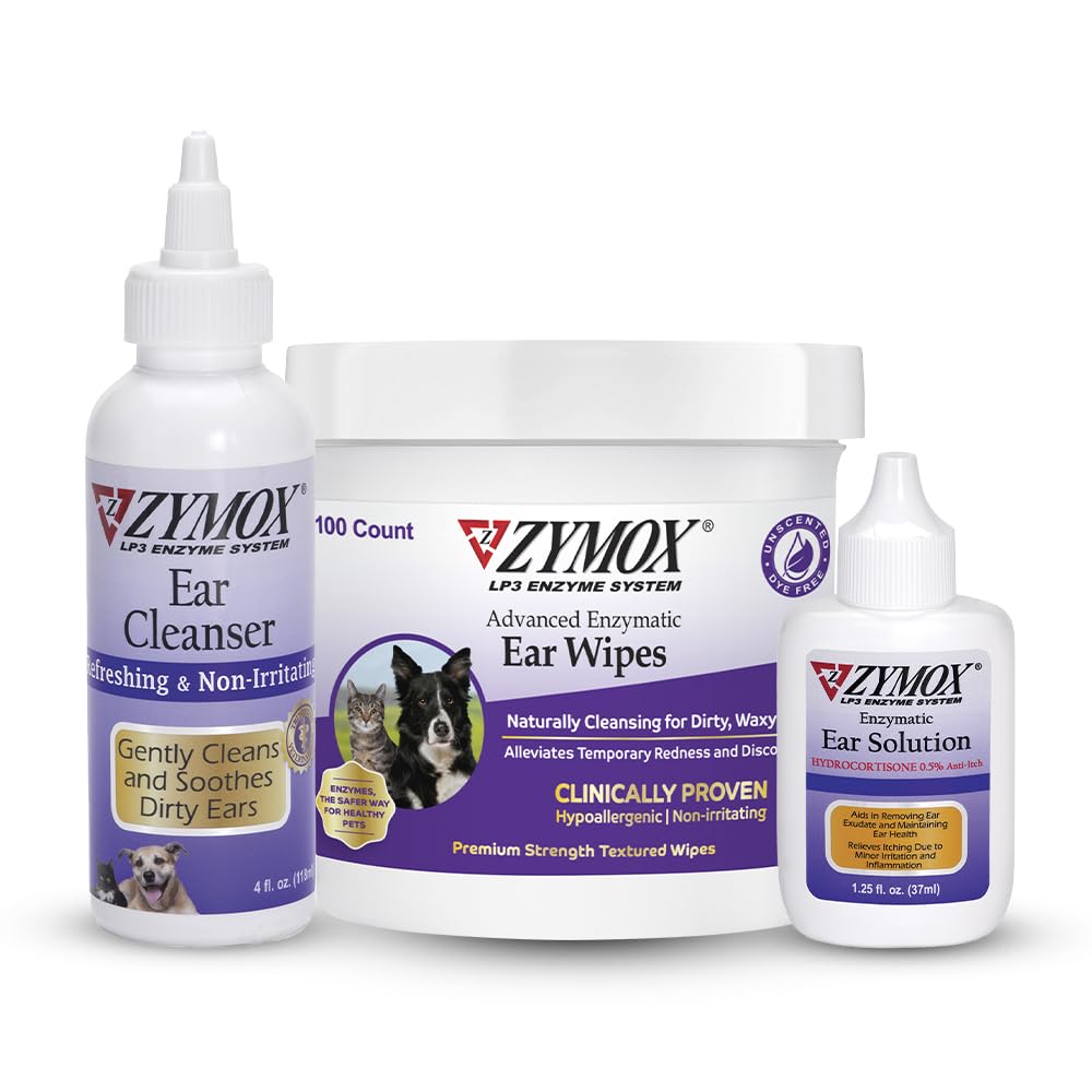 Zymox Enzymatic Ear Solution for Dogs and Cats, Ear Wipes, & Ear Cleanser - Product Bundle - for Dirty, Waxy, Smelly Ears and to Soothe Ear Infections - PawsPlanet Australia