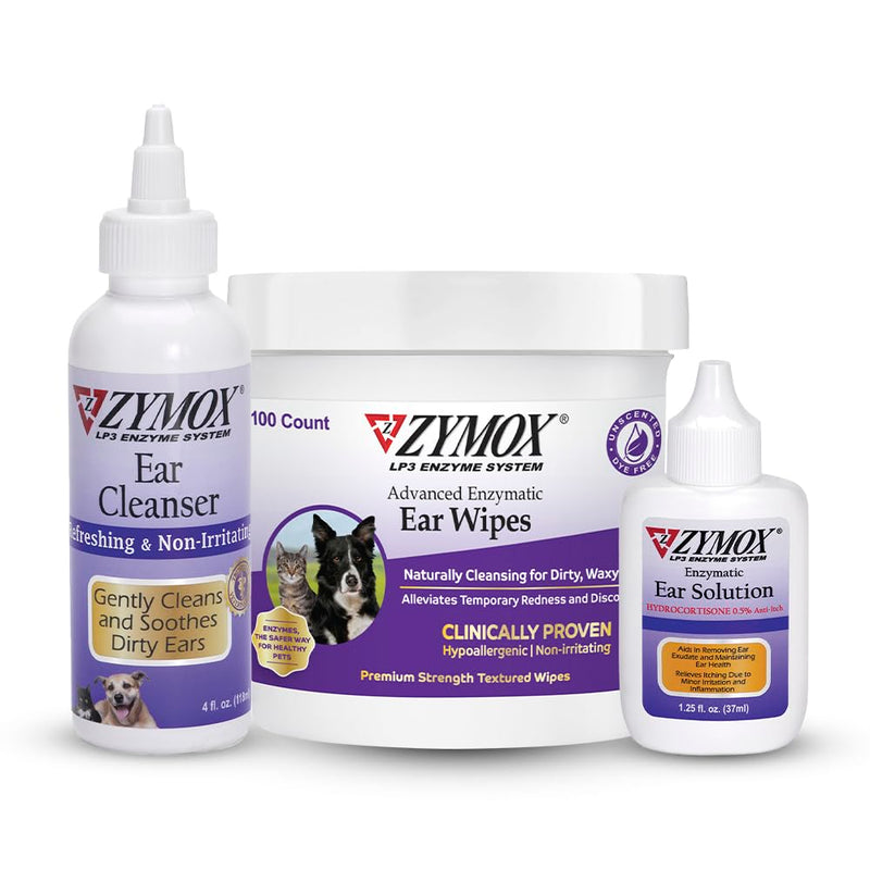 Zymox Enzymatic Ear Solution for Dogs and Cats, Ear Wipes, & Ear Cleanser - Product Bundle - for Dirty, Waxy, Smelly Ears and to Soothe Ear Infections - PawsPlanet Australia