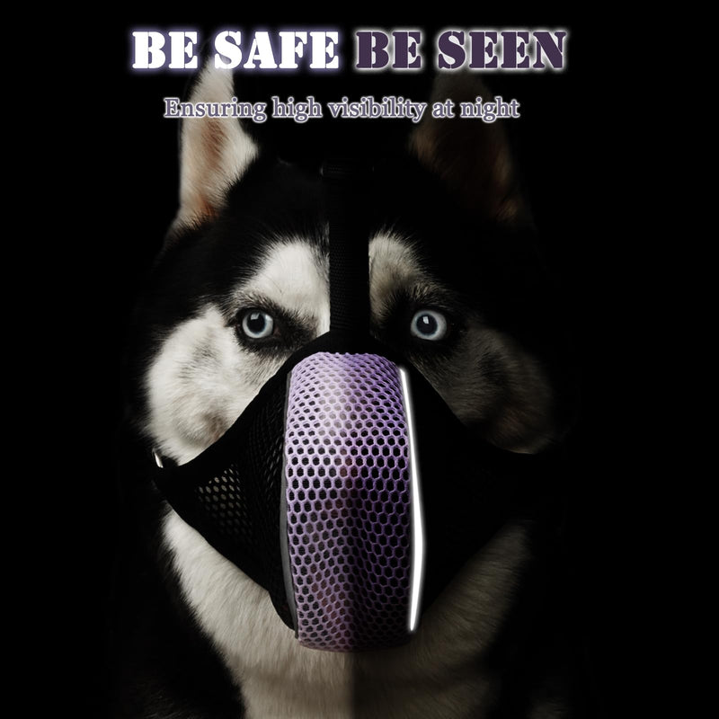 Mayerzon Dog Muzzle, Patented Mesh Soft Muzzle for Large Medium Small Dogs for Scavenging Grooming Biting Chewing, Breathable Reflective Doberman Husky Muzzle with Collar for Labrador Retriever Poodle Black/Purple M-(Snout:9¾"-10¾") - PawsPlanet Australia