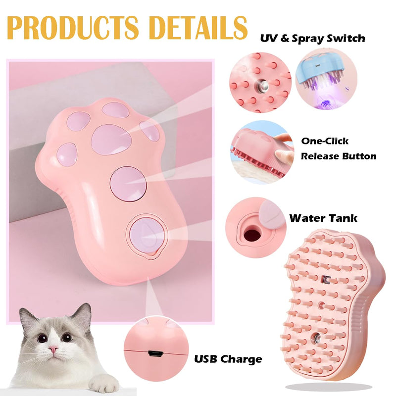 Cat Steam Brush,4 in 1 Spray Cat Brush, Pets Grooming Brush for Shedding, Portable Pet Hair Removal Tool For Cats and Dogs, Pets Steamy Brush,Pink - PawsPlanet Australia