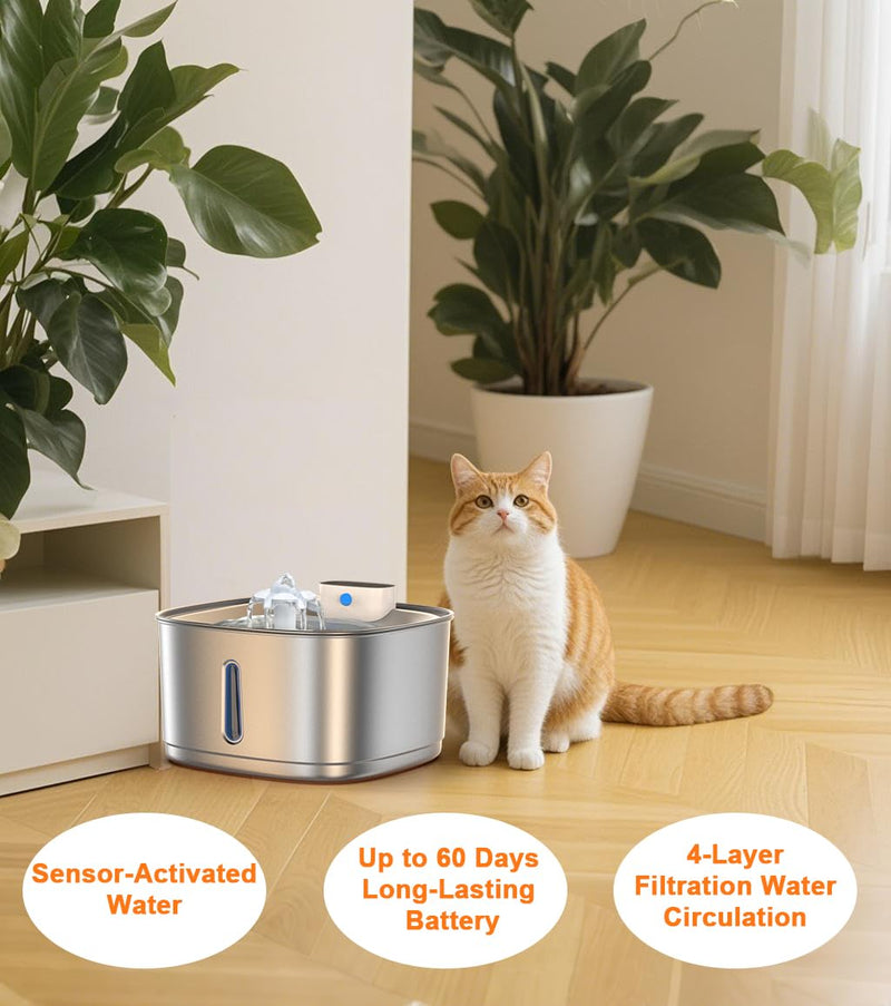 Wireless Cat Water Fountain Stainless Steel, 108oz/3.2L Cat Fountain Battery Operated, Cordless Pet Water Fountain for Cats & Dogs with Motion Sensor, Ultra Quiet Pump, Multi-Filtration 108OZ Wireless Fountain - PawsPlanet Australia