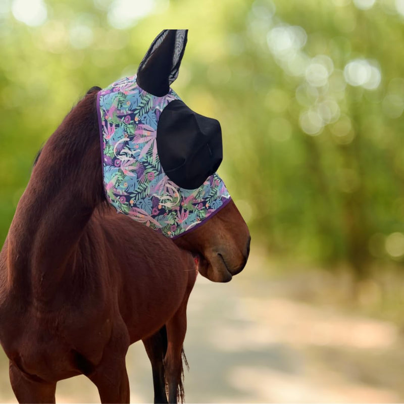 Stretchy Horse Fly Mask with Ears,Extra-Large Eyes & Mane Opening – Soft, Breathable Fly Mask for Horses, Tangle-Free Design, Enhanced Visibility (Purple Leaves, Full (Large)) Full (Large) Purple Leaves - PawsPlanet Australia