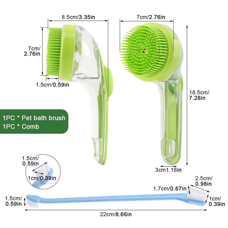 Pet Bath Brush, 2 in 1 Dog Bath Brush with Built-in Shampoo Dispenser, Pet Wash Brush with Double Head Toothbrush, Grooming Massage Brush for Dogs & Cats Green - PawsPlanet Australia