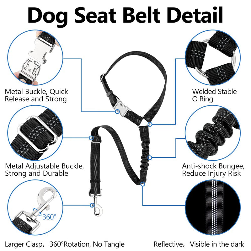 Plutus Pet Dog Seat Belt for Car Headrest, Reflective and Adjustable Restraint with Elastic Bungee for Safety, Vehicle Seatbelt Harness for Small Medium Large Dogs and Cats Black - PawsPlanet Australia