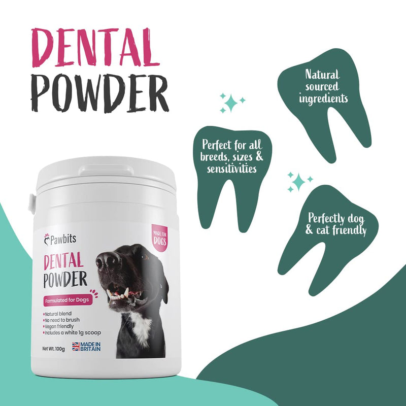 Dog Dental Powder with Scoop - Tartar & Plaque Remover for Dogs Oral Hygiene Powder - Fight Tartar, take Plaque Off & stops Bad Breath in Dogs,Cats & Pets - UK Made.100g - PawsPlanet Australia