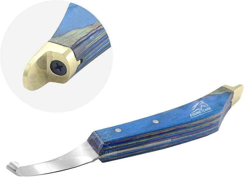 Equine Care Right-Handed Hoof Knife - Ultra-Sharp J2 Stainless Steel Blade, Brass Topper, Ergonomic Sheet Handle - Professional Farrier Tool for Horse Hoof Trimming, Shoeing & Hoof Care. Right Handed