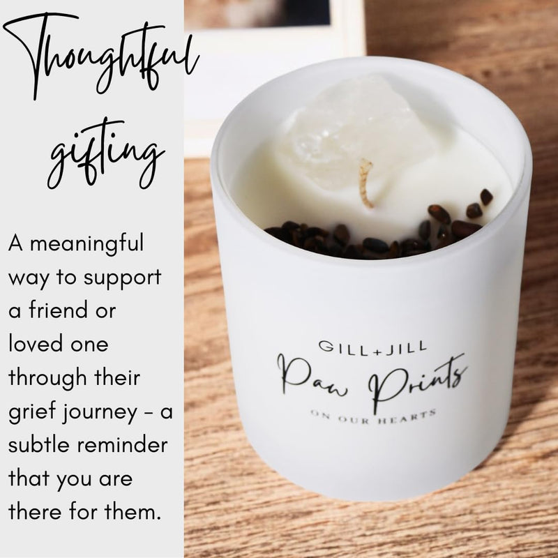 Paw Prints Pet Memorial Candle, Pet Loss Sympathy Gift, Cat Memorial, Rainbow Bridge Dog Memorial Gifts Paraffin-Free 100% Natural Soy Wax Blend with Clear Quartz, Tiger Eye and Coffee Beans - PawsPlanet Australia