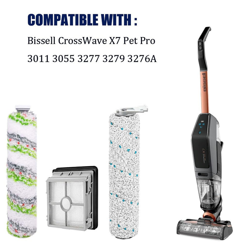 Replacement compatible with Bissell CrossWave X7 Pet Pro 3011 3055 3277 3279 3276A,1 Pack 2787 Multi-Surface Brush Roll+2 Pack 2788 Pet Brush Rolls+3 HEPA Filters large