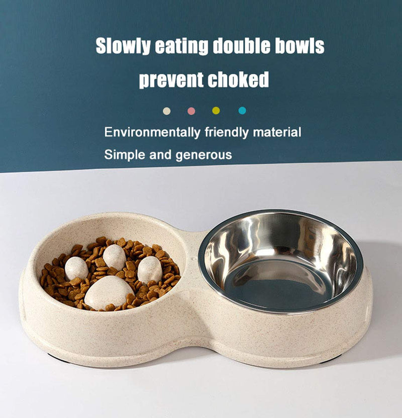 Tineer Double Pet Dog Slow Feeder Bowl,Stainless Steel Anti-Choke Puppy Food and Water Feeder for Dog Cats White