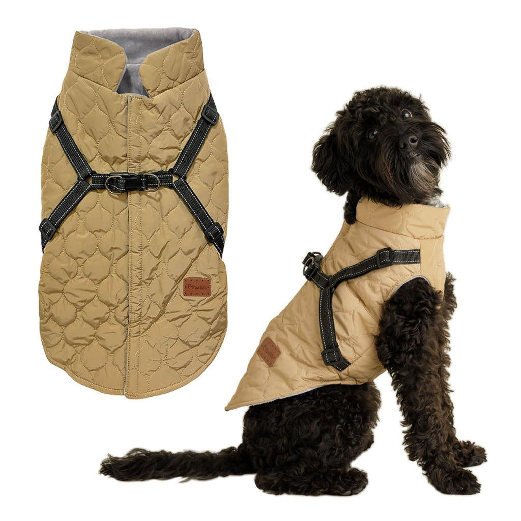 Pawbits Waistcoat for Small Dogs - Fleece-Lined, Warm, Reflective Waistcoat with Built-in Harness for Dogs - S, M, L, XL, XXL, XXXL - Designed for Small Dogs Large Khaki - PawsPlanet Australia