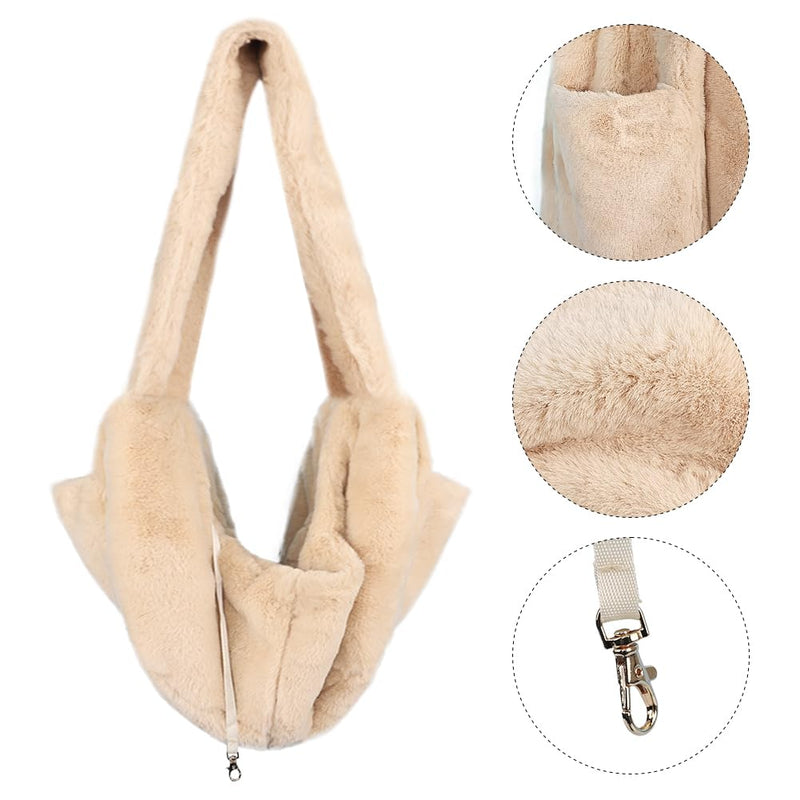 Warm Plush Small Dog Sling Cat Carrier Hand-Free Pet Sling Pet Puppy Travel Bag Cat Carrier Shoulder Bag Outdoor Travel Puppy Bags for Daily Walk Travel Outdoor Beige