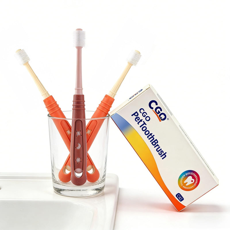 CGO Silicone 360° Toothbrush for Small Dogs & Cats - 3 Pack Round Head Pet Toothbrush, Gentle Chewable Brush with Soft Bristles, Dental Care Kit for Puppy Kitten Oral Hygiene (2 Orange, 1 Brown) 2 Orange and 1 Brown