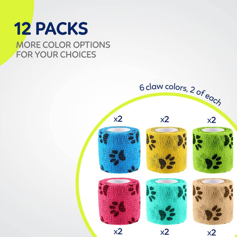 WePet Pet Wrap, Self-Adhesive Non-Woven Bandage, Emergency Cohesive Gauze, for Dogs, Cats, Horse, Birds, Wounds, Wrist Healing, Ankle Sprain, 2 Inch, 12 Rolls 2 Inch (Pack of 12) Claw A - PawsPlanet Australia