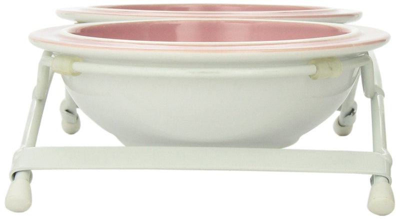 PetRageous 44355 Toftees Paws Diner with Two 1-Cup Dishwasher Safe Stoneware Bowl Capacity 10.75-Inch Length 2.25-Inch Tall for Extra Small and Small Dogs and Cats, White Diner with Pink Bowls