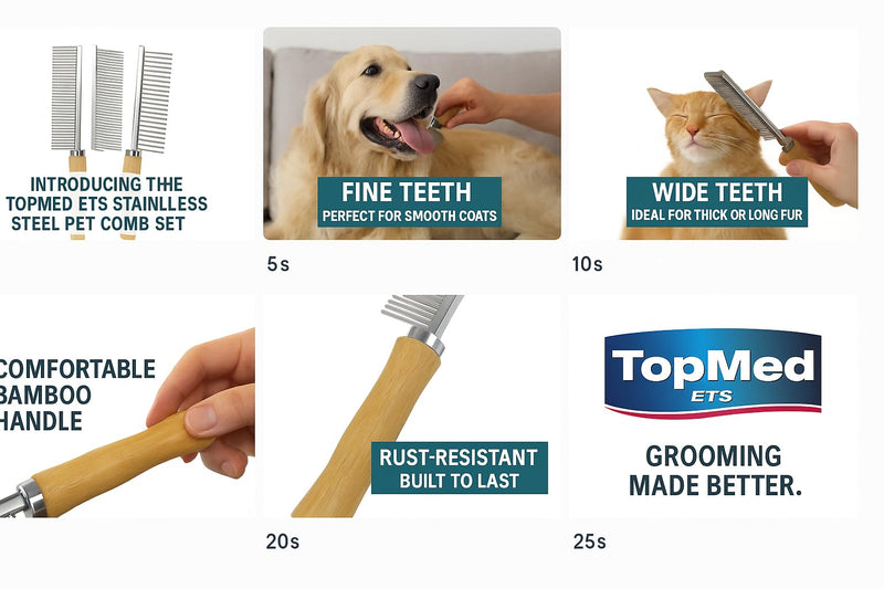 TopMed ETS Set of 3 Stainless Steel Pet Hair Comb, Wooden Handle of Bamboo Proven Grooming Tools Kit for Dogs Cats and Other Animals - PawsPlanet Australia