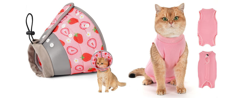 Avont Foldable Cat Cone Collar Soft to Stop Licking Bundle with Cat Recovery Suit After Surgery -M