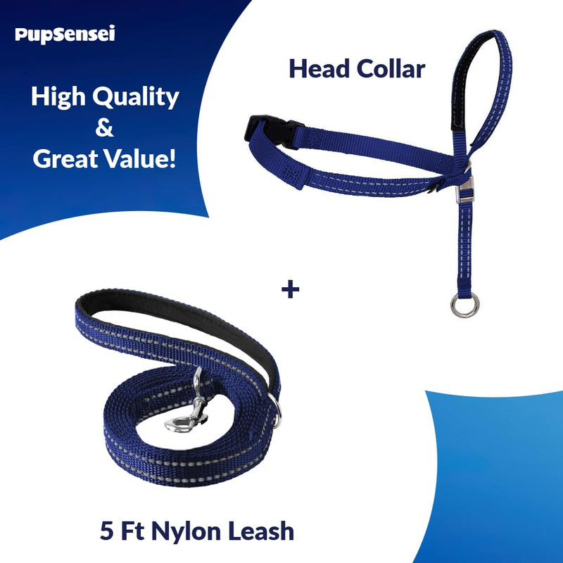 Headcollar for Dogs, Extra Soft Padded, Reflective, No Pull Dog Collar, Gentle Leader for Dogs with Durable Nylon Leash, Padded Handle - Navy Blue (Medium) Medium - PawsPlanet Australia
