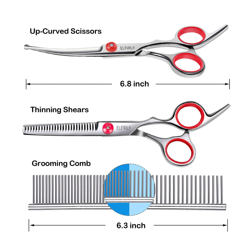 Dog Grooming Scissors Set with Safety Round Tip (2 Pack - Curved Scissors Thinning Shears for Grooming) Pet Grooming Shears with Grooming Comb for Dogs and Cats Red