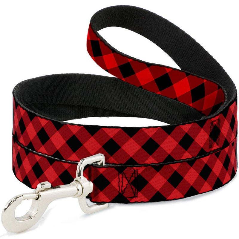 Buckle-Down Pet Leash - Diagonal Buffalo Plaid Black/Red - 6 Feet Long - 1.5" Wide