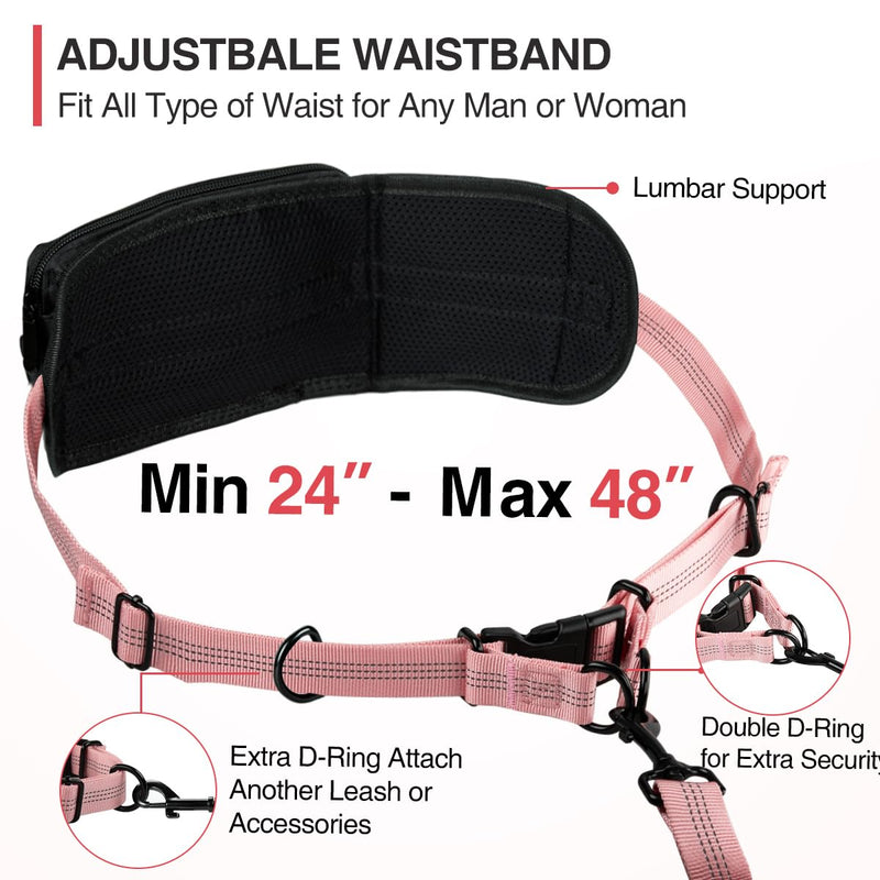 Kytely Hands Free Dog Leash with Zipper Pouch, Wide Padded Waist Dog Running Leash, Dual Padded Handles, Retractable Bungee for Walking Jogging Training Hiking Baby Pink For 1 Dog - PawsPlanet Australia