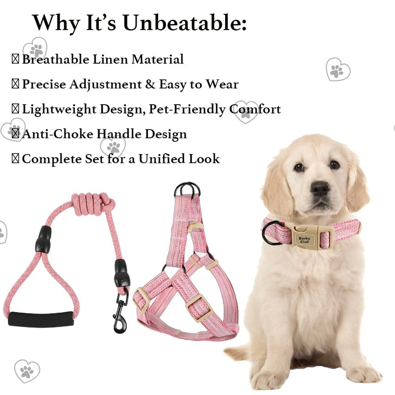 Dog & Cat Harness Set – Adjustable Linen Leash, Collar & Harness – Breathable, Lightweight & Comfortable, Suitable for Small to Medium Pets (Pink, S) Pink