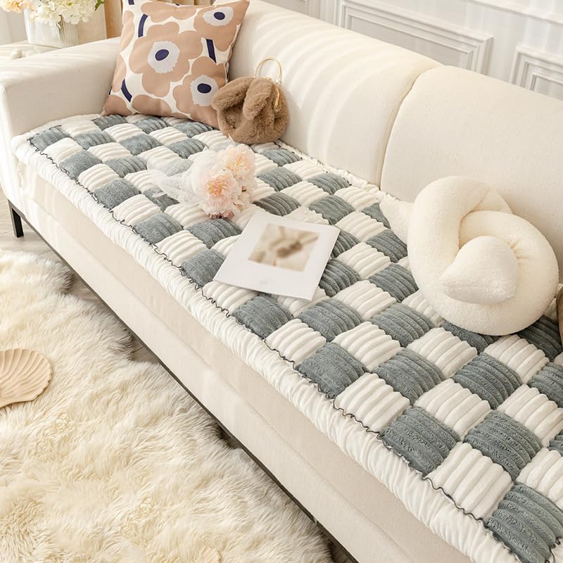 Funny Soft Plaid Couch Cover Mat,Garden Warm and Thick Cotton Couch Mat,Fuzzy Pet Plaid Dog Couch Cover,Cream-Coloured Plush Checkered Couch Cover Pad for Dogs(Grey-17.7x17.7in) Grey 17.7x17.7in/45x45cm - PawsPlanet Australia