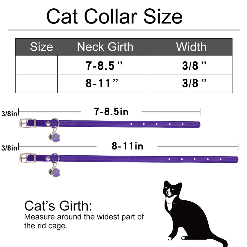 Cat Collar, Soft Leather Cat Collar with Bells, Safe Collars with Cute Paw Charm for Male Female Cats, 8-11”, Purple 8-11”