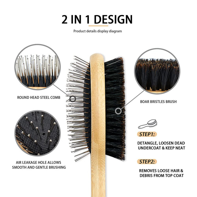 Dog Brush Cat Brush, Vokiuler Double Sided Bristle and Pin Pet Brush for Dog Grooming, Real Boar Bristle Shedding Brush with Bamboo Handle for Long Short Hair, 2 Pack Dog Comb, Black M - PawsPlanet Australia