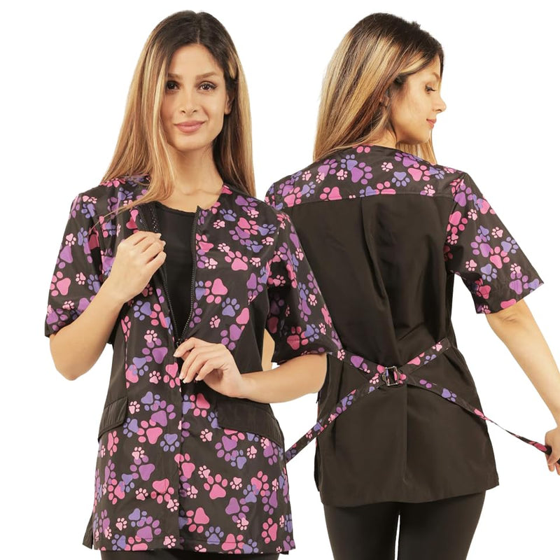 Ladybird Line 725 Pink Purple Paw Waterproof Grooming Smock, Hair Bleach Resistant, Solid Black Back, Adjustable Back Belt Medium - PawsPlanet Australia
