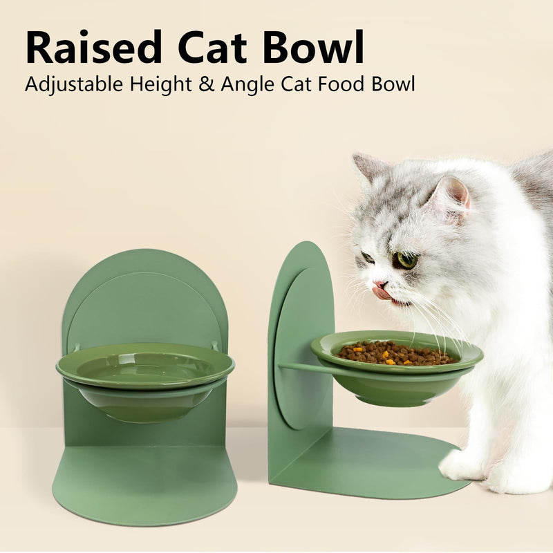 2-Pack Adjustable Cat Bowls with Magnetic Iron Stand & Ceramic Bowls – Dual Height & Angle Adjustable, Non-Slip Design for Comfortable Feeding 2PCS-Green