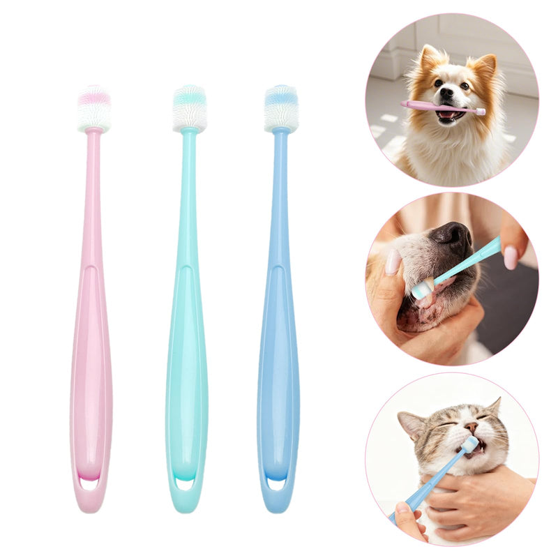 Cat Dental Care Toothbrush Set - 3 Pieces Cat Toothbrush + 2 Pieces 360 Degree Toothbrush, Soft Silicone Toothbrush, Reusable for Small Pets Dogs and Cats in Pink, Blue, Green
