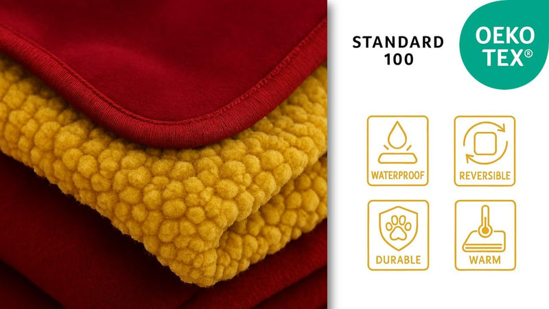 Waterproof Pet Blanket for Dogs and Cats - Reversible Leakproof Furniture Protector, Non-Slip Washable Throw for Sofa, Bed, Car Seat, Couch Cover - Red Wine Flannel & Gold Sherpa Size L (40” x 60”) Red Wine and Gold - PawsPlanet Australia
