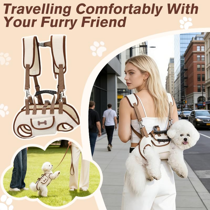 Dog Backpack Carrier for Small Dogs,Dog Lift Harness Adjustable Padded Breathable with Small Pet Treat Bag Straps for Disabled, Joint Injuries, Cars,Outdoor Hiking Pet（L 13-19lb） Coffee brown Large(13-19lb) - PawsPlanet Australia