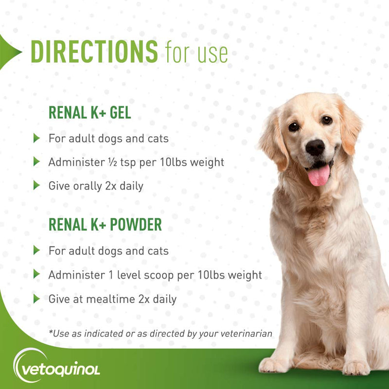 Vetoquinol Renal K+ (Potassium Gluconate) Potassium Supplement Powder for Dogs and Cats, 3.5oz - PawsPlanet Australia