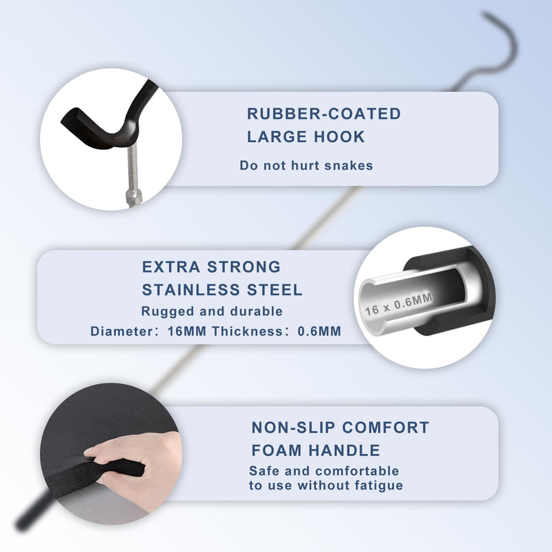 Snake Hook Heavy Duty, 35"-65" Snake Reptile Hook Rubber Tip for Rattlesnakes Ball Python Rattle Cobra Removal Non Slip Foam Handle Stainless Steel - PawsPlanet Australia