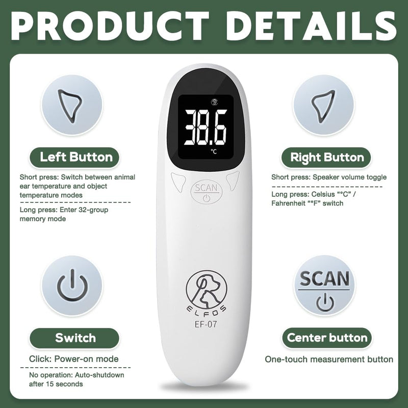 Ear Thermometer Dog Fever Thermometer with LED Display, 12.8 x 3.9 cm Portable Fever Thermometer Ear, Fever Detection for Cats, Dogs, Cows, Ferd (White)