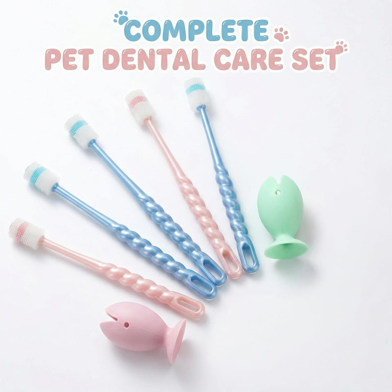 ElevateTech Small Dog and Cat Toothbrush, 4 Pcs 360 Degree Pet Toothbrushes Soft Silicone Cat Puppy Tooth Brushing Kit with 2Pcs Suction Cup Toothbrush Holder for Kitten Tiny Pet Teeth Cleaning