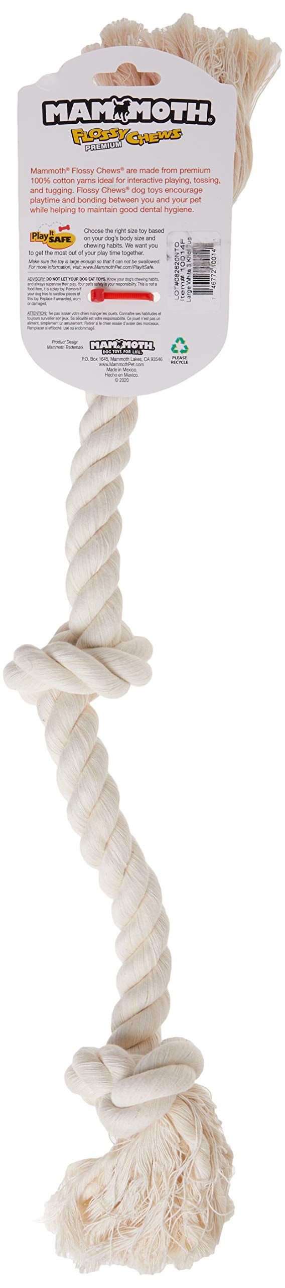 Mammoth Flossy Chews 100 Percent Natural Cotton Rope Dog Toys - Premium White Knot Dog Rope Toy - Interactive Dog Tug Toy - Tug Dog Chew Toy for Medium to Large Dogs - Large 25" Large 25" 3 Knot Rope Tug - PawsPlanet Australia