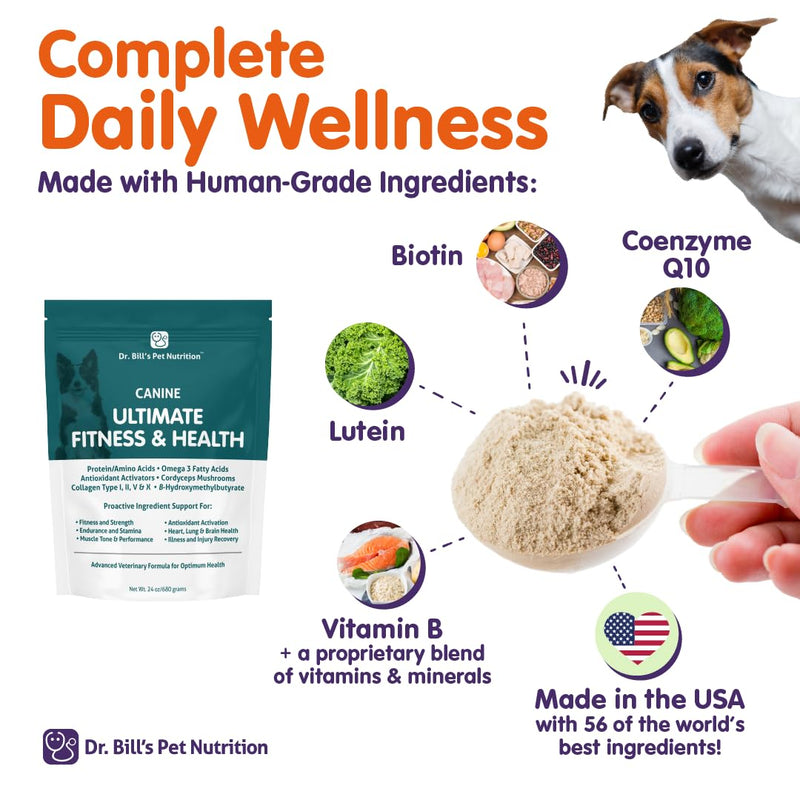Dr. Bill’s Canine Ultimate Fitness & Health Vitamins for Dogs | Multivitamin for Dogs w/Coenzyme Q-10, Vitamin E, Vitamin D-3, Biotin, Folic Acid, Hyaluronic Acid Dog Vitamins and Supplements 340g 340 Grams