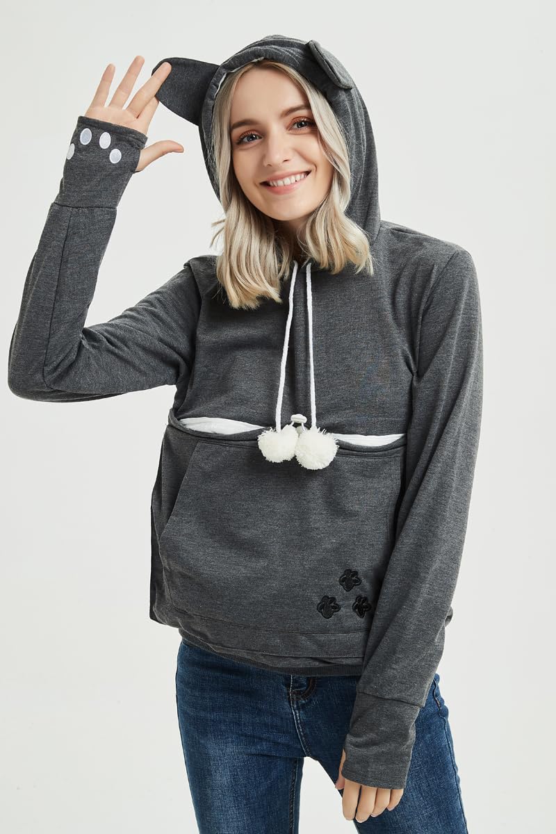Cat Hoodie Pouch Kitten Puppy Carrier Hood Sweatshirt Pet Pocket Holder Top Small Dark Grey - PawsPlanet Australia
