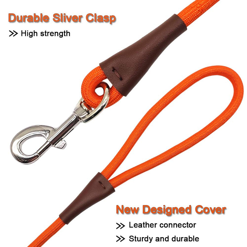 MayPaw 4/6/8/10 FT Dog Lead, Classic Solid Colours, Strong Nylon Rope Dog Lead Reinforced with Leather Tailor Connection Heavy Duty Silver Clasp (10ft*1/2", Orange) 10ft*1/2"
