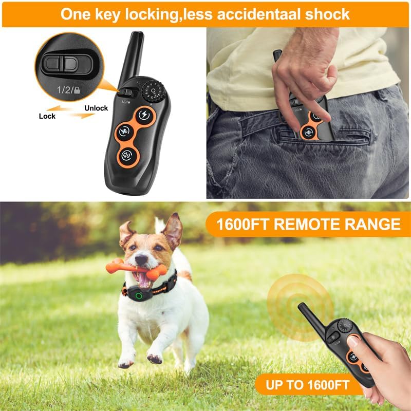Dog Shock Collar with Remote Control,1300Ft,IP67 Waterproof Dog Training Collar with 3 Training Modes, Beep, Shock, Vibration,Safe Lock for Small, Middle,Large Dogs (Orange, Middle,Large) - PawsPlanet Australia