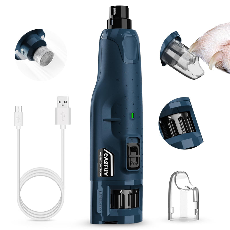 Casfuy Dog Nail Grinder Quiet - (45db) 6-Speed Pet Nail Grinder with 2 LED Lights for Large Medium Small Puppy Dogs/Cats, Professional 3 Ports Rechargeable Electric Dog Nail Trimmer with Dust Cap Blue - PawsPlanet Australia