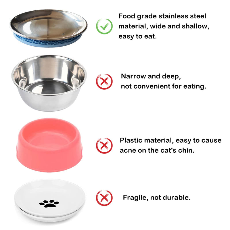 Cat Food Dishes, Stainless Steel Cat Shallow Dish Whisker Relief Cat Shallow Bowls Wide Plate Pet Dishes with Non-Slip Placemat Basic Dish for Cat Kitten (2 PCS, Medium) 2 PCS 6.7 Inch - PawsPlanet Australia