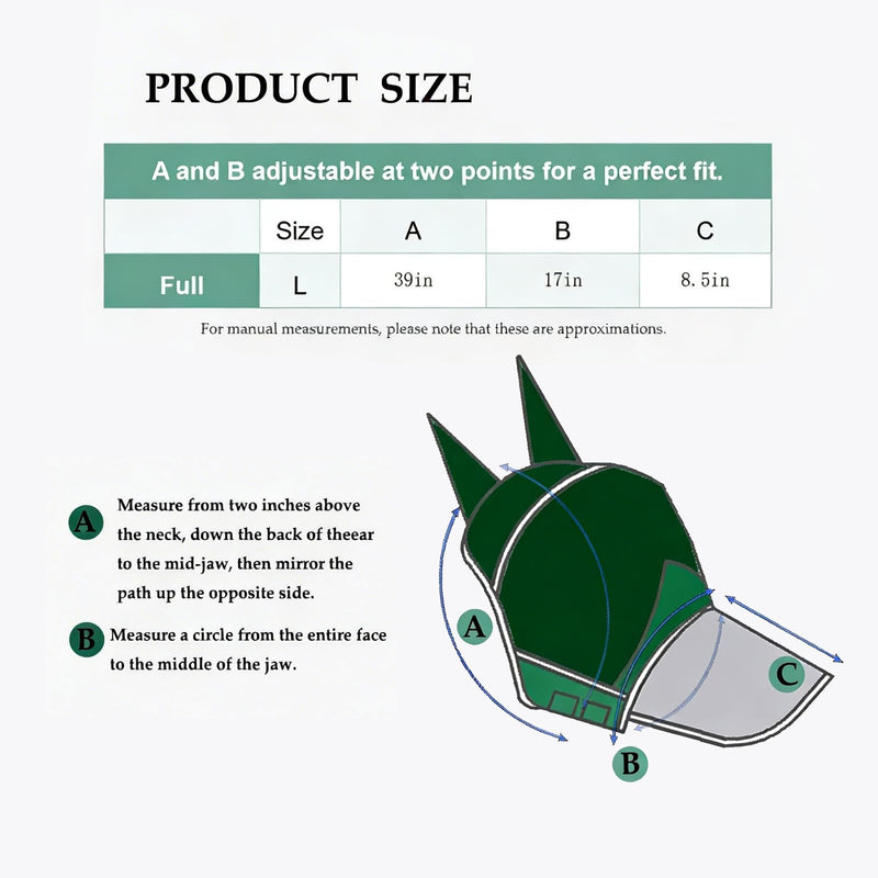 Green Fly Mask for Horses with Nose & Ear Coverage - UV Protection Summer Fly Mask, Breathable & Comfortable Mesh Face Mask for Horses, Adjustable Horse Fly Mask for Stable, Trail, Pasture