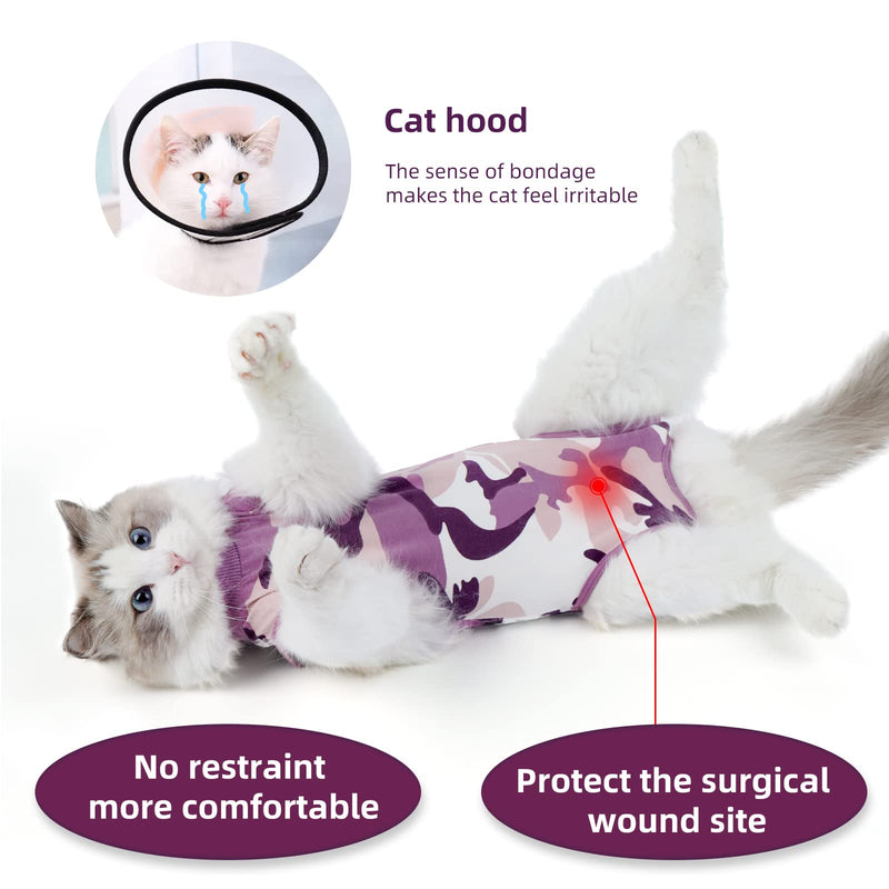 New Professional Cat Recovery Suit After Surgery as E-Collar Alternative, Kitten Recovery Suit for Spay to Cover Abdominal Wounds, Camouflage Cat Apparel Anti-Licking Cat Onesie (S, Purple) Small