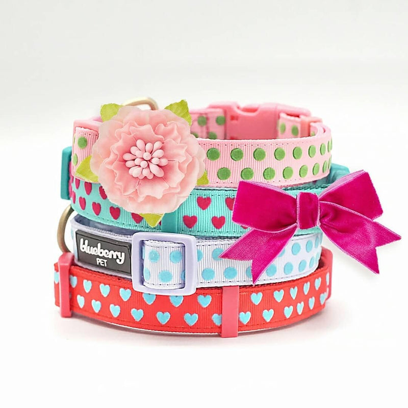 Blueberry Pet Adjustable Flocking Dog Collar with Artificial Silk Flower - Polka Dot in Pastel Purple, Large, Neck 18"-26" Flocking Print - Pastel Purple - PawsPlanet Australia