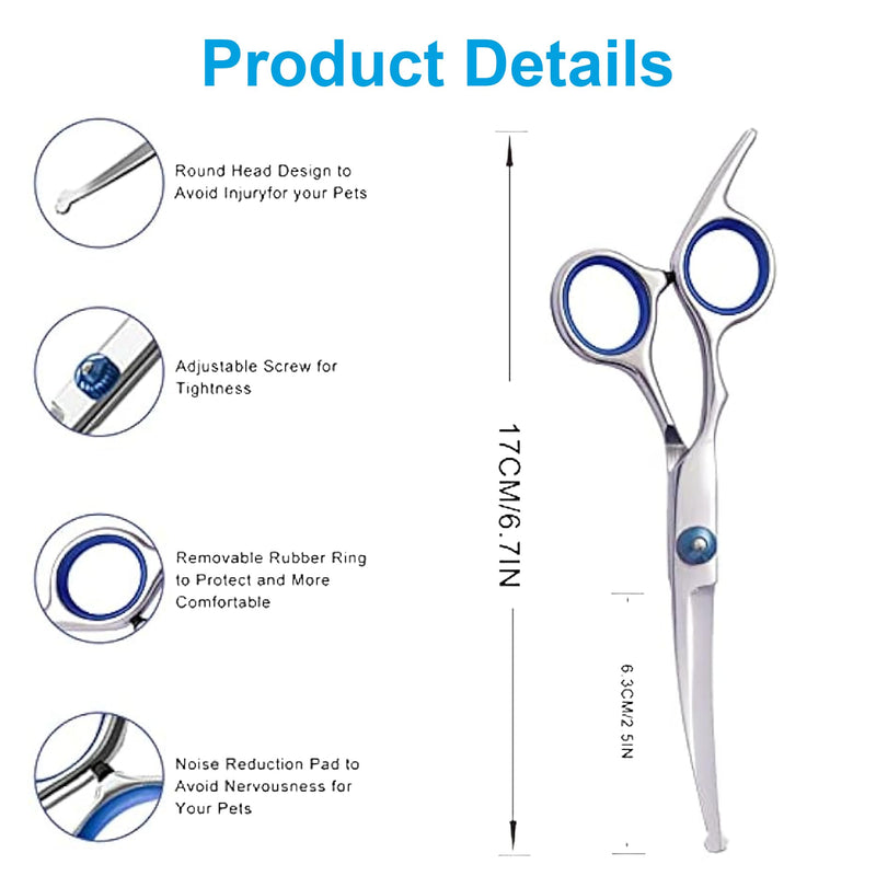 Pet Grooming Scissors, Upper Curved Pet Grooming Scissors Set with Safety Rounded Tips, 6.7-Inch, Stainless Steel, Pet Cat and Dog Hair Trimming, Professional Pet Hair Care Tool. 6 piece