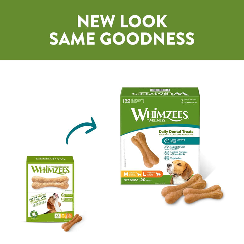 WHIMZEES by Wellness Rice Bones, Natural & by Wellness Toothbrush, Natural Grain-Free Dental Care Snacks, Chew Sticks for Large Dogs, Monthly Pack (30 Pack) Large